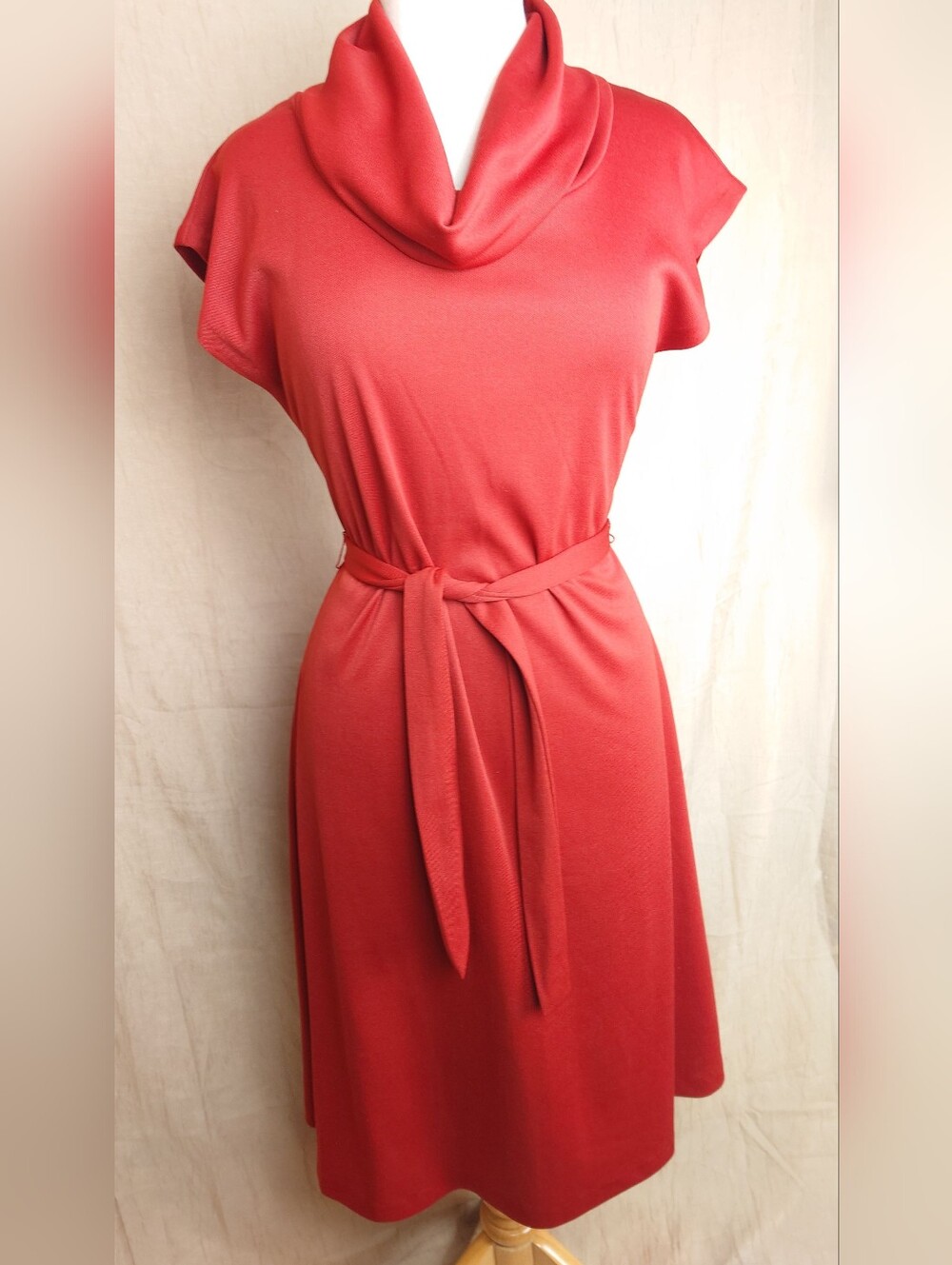 Vintage 70s Cowl Neck Classic Rust Tie-Waist Dress